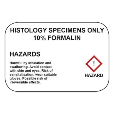 10% FORMALIN - HISTOLOGY HAZARD Labels - 76mm x 50mm (Roll of 250)