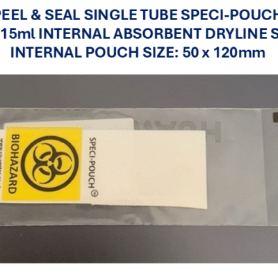 Speci-Pouchโข. Single Tube Specimen Transport Pouch 56 x 150mm with a 15ml Absorbent Pad 35 x 142mm. (Packs of 100)