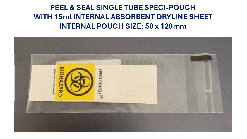 Speci-Pouch™. Single Tube Specimen Transport Pouch 56 x 150mm with a 15ml Absorbent Pad 35 x 142mm. (Packs of 100)